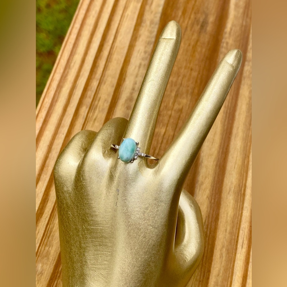 Blue Dominican Larimar Oval Shape Adjustable Stainless Steel Ring